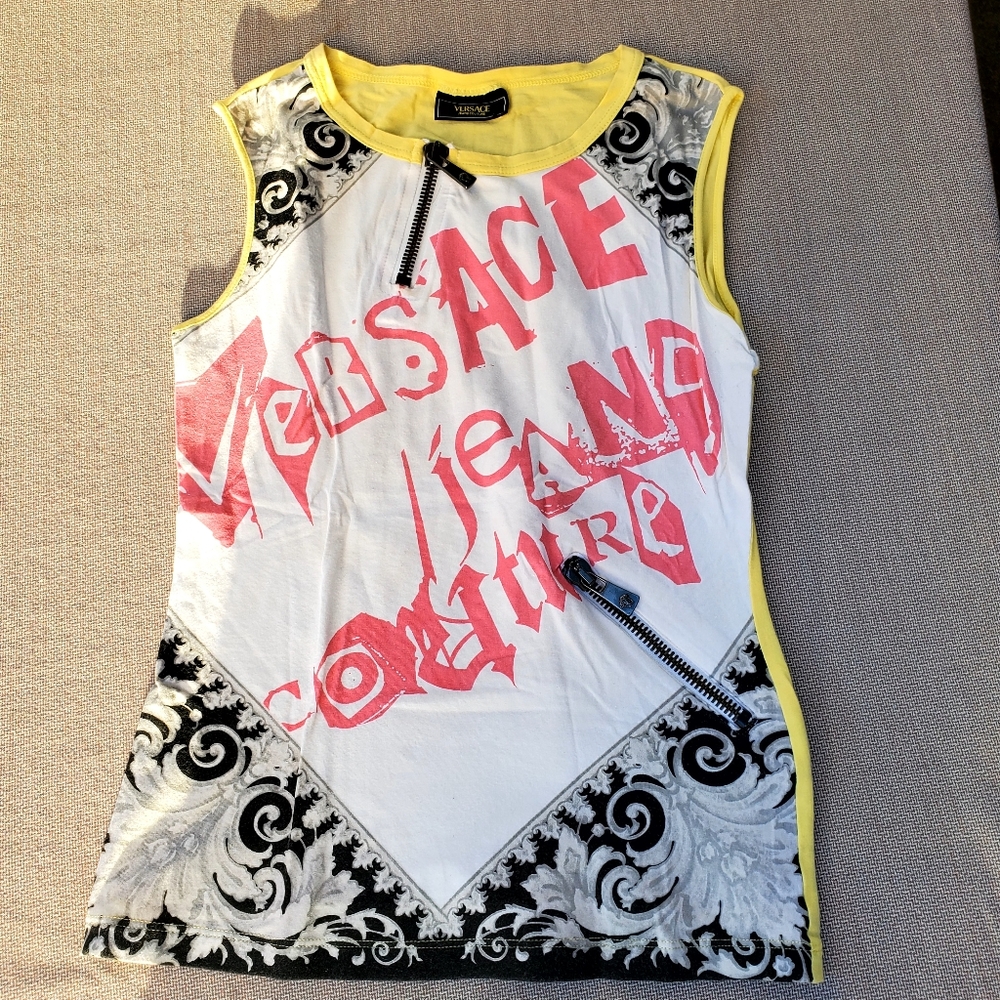 Versace Jeans Couture Women's White, Yellow, and Black Tank Top